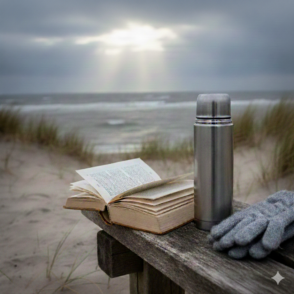 Gemütliche Szene mit Thermoskanne und Buch am Nordseestrand